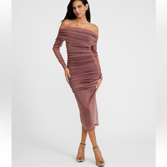 Express Dresses & Skirts - Express Metallic Mesh Fold Over Off The Shoulder Ruched Midi Dress